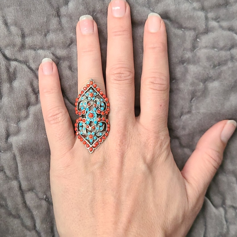 Torqouis & Coral costume ring